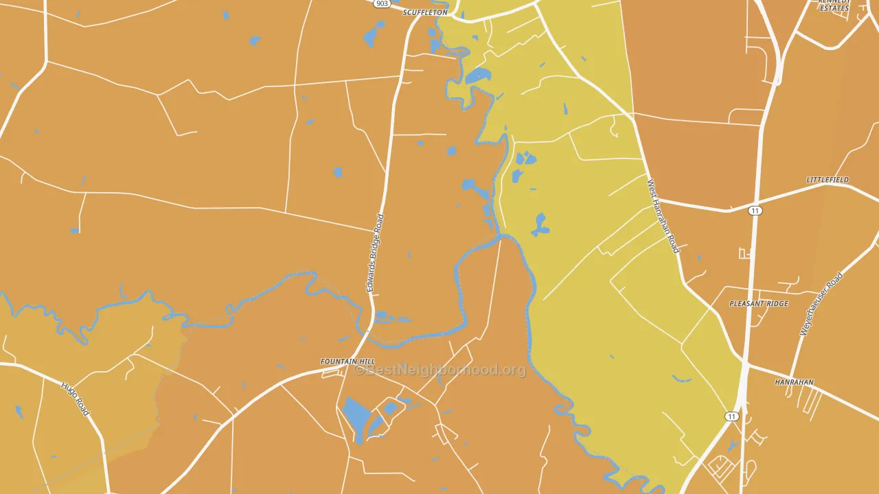 Map of the best neighborhoods in the Scuffleton area, with better matches in green and worse matches in red