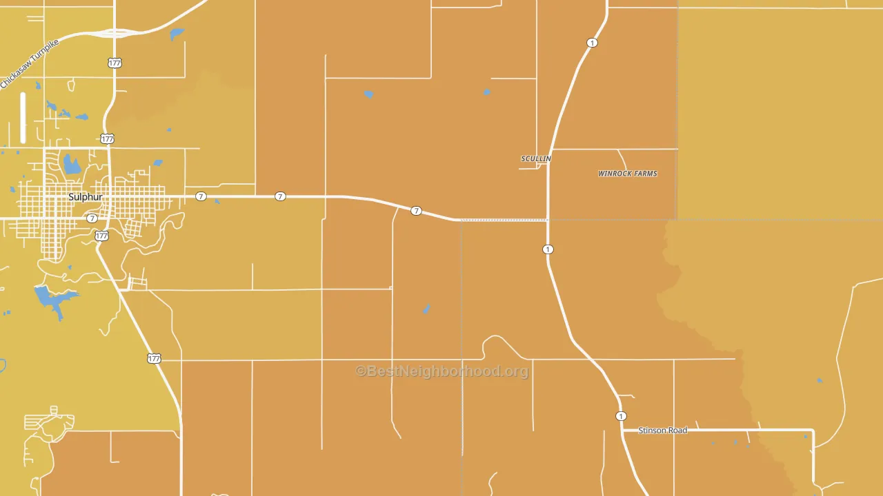 Map of the best neighborhoods in the Scullin area, with better matches in green and worse matches in red