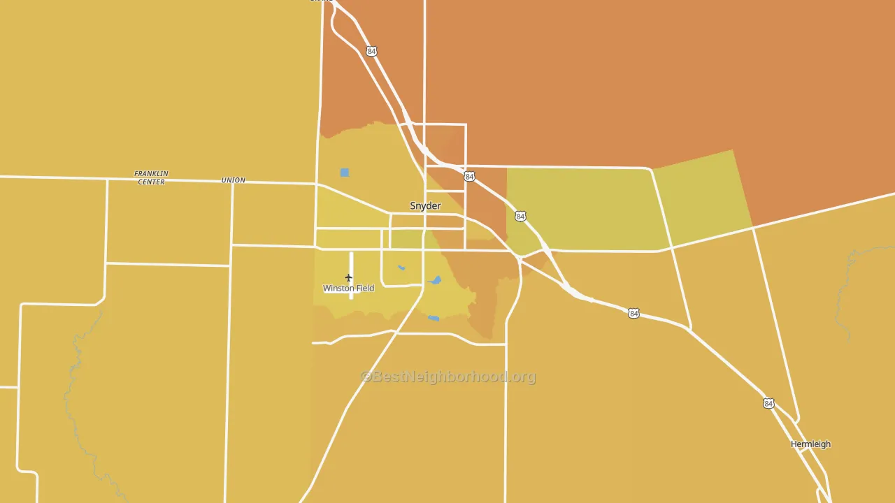 Map of the best neighborhoods in the Scurry County area, with better matches in green and worse matches in red