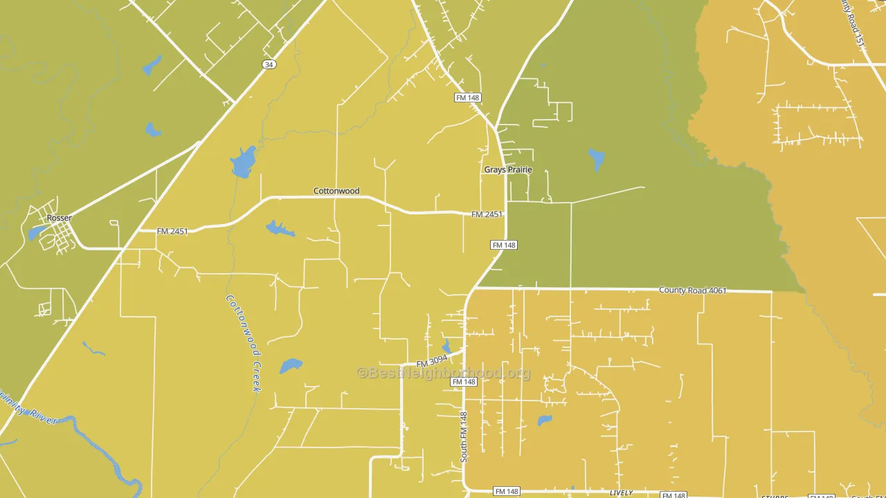 Map of the best neighborhoods in the Scurry area, with better matches in green and worse matches in red