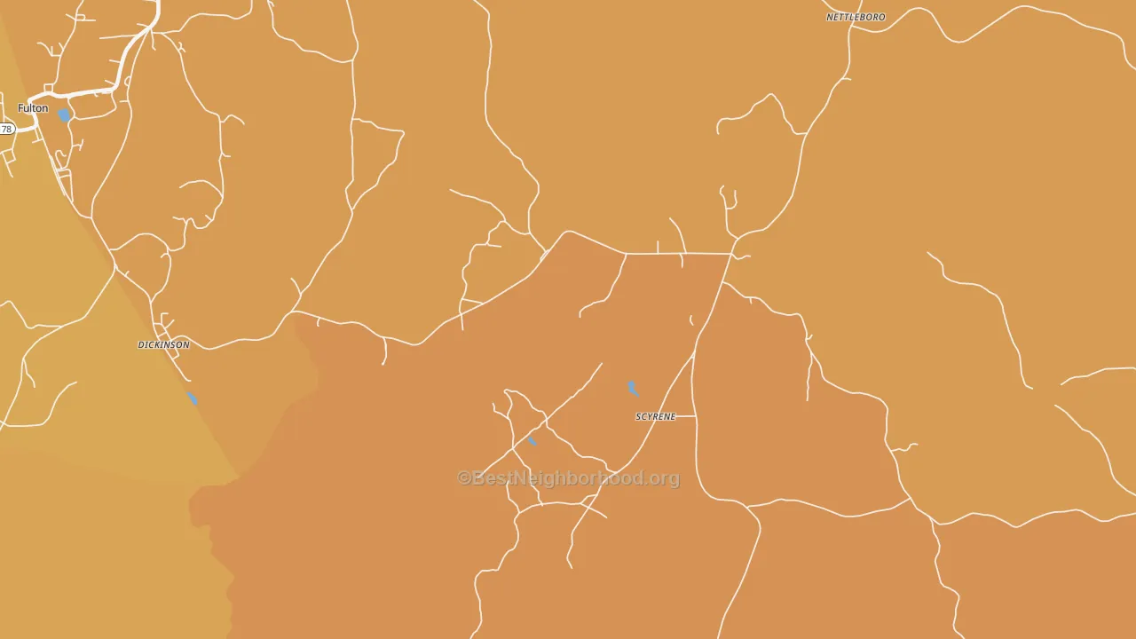 Map of the best neighborhoods in the Scyrene area, with better matches in green and worse matches in red