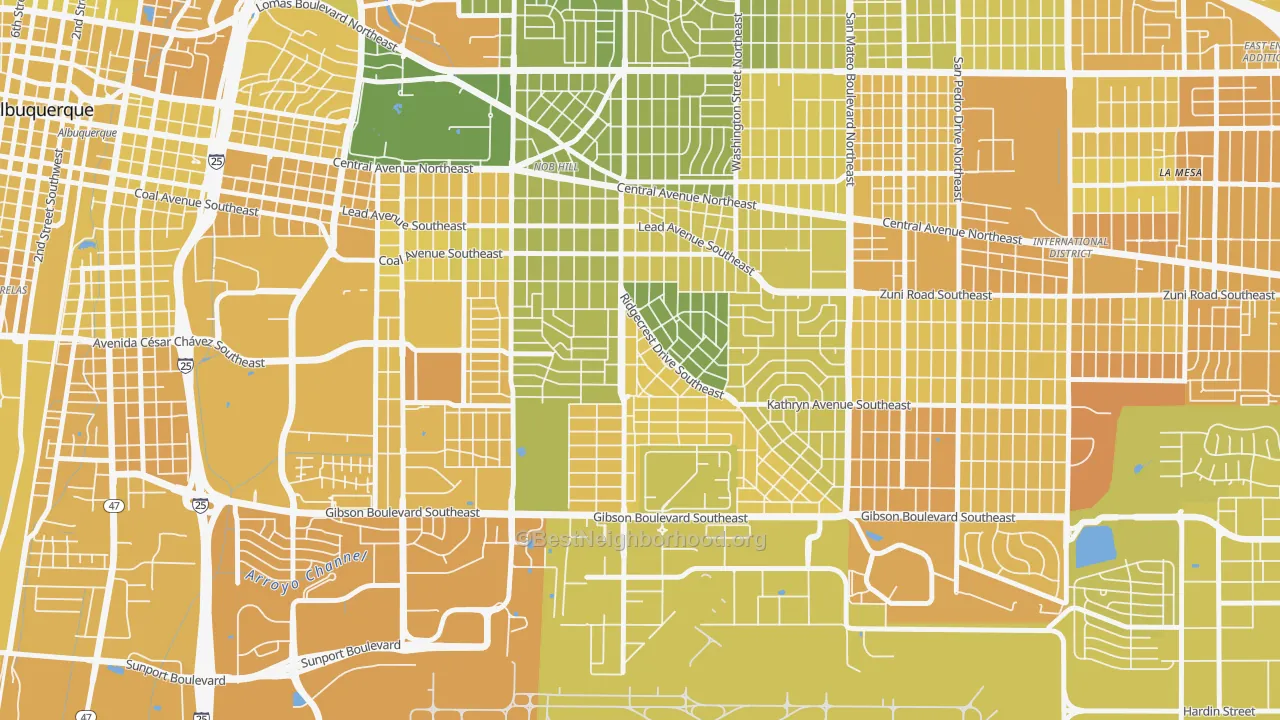 Map of the best neighborhoods in the Se Heights, Albuquerque area, with better matches in green and worse matches in red