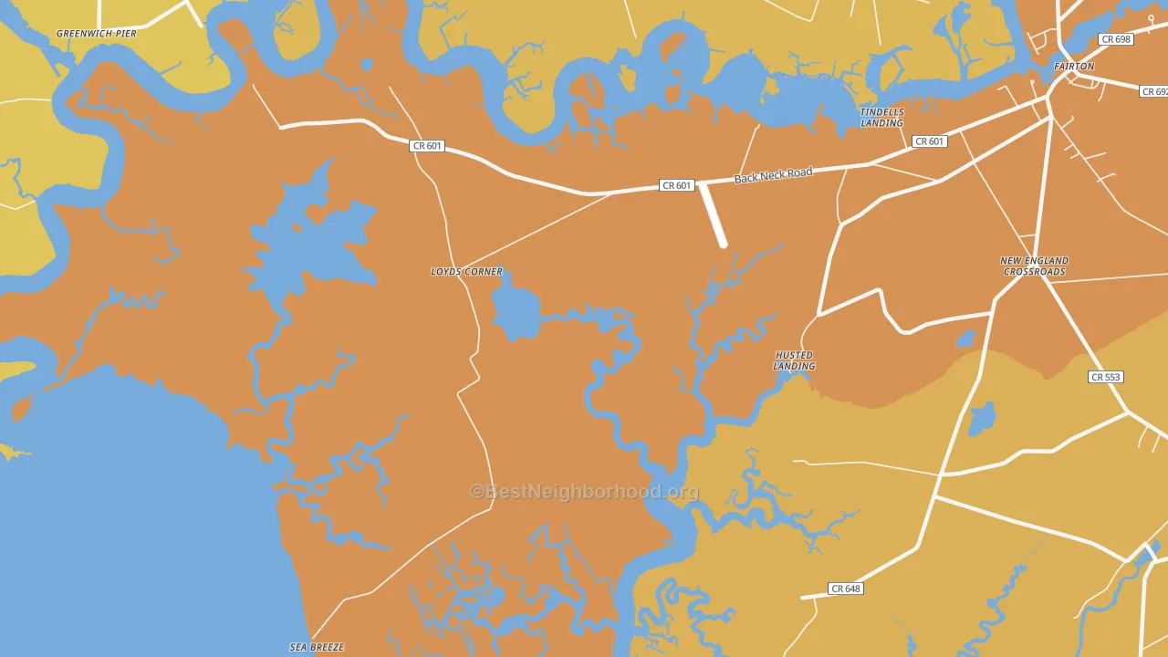 Map of the best neighborhoods in the Sea Breeze area, with better matches in green and worse matches in red