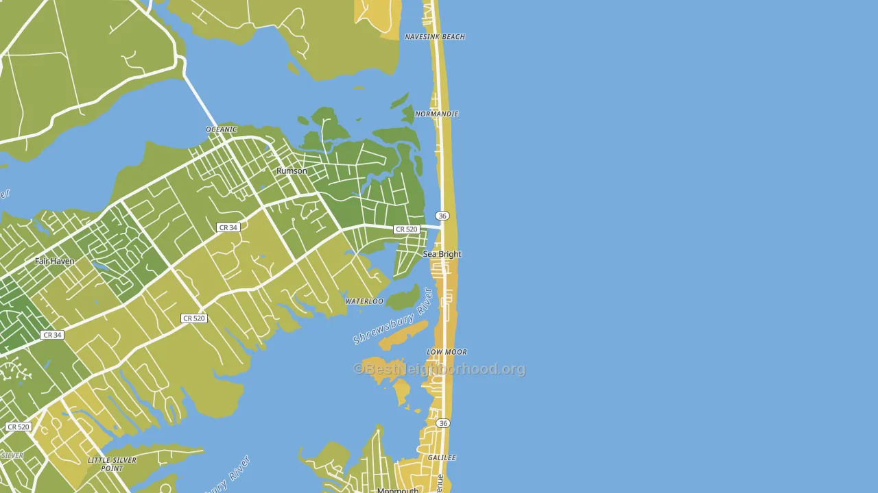 Map of the best neighborhoods in the Sea Bright area, with better matches in green and worse matches in red