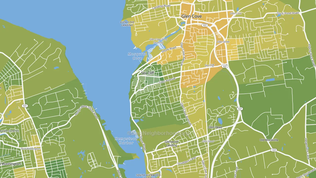 Map of the best neighborhoods in the Sea Cliff area, with better matches in green and worse matches in red