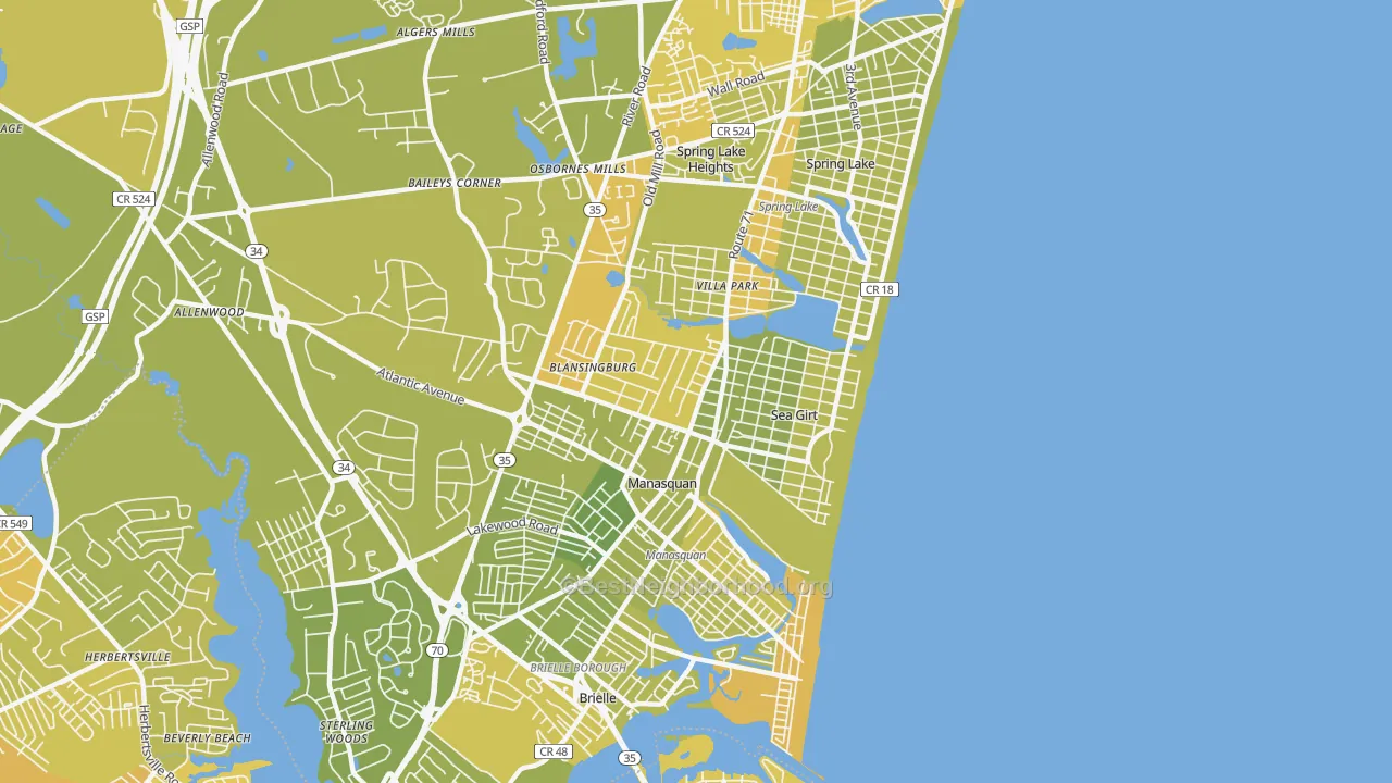 Map of the best neighborhoods in the Sea Girt area, with better matches in green and worse matches in red