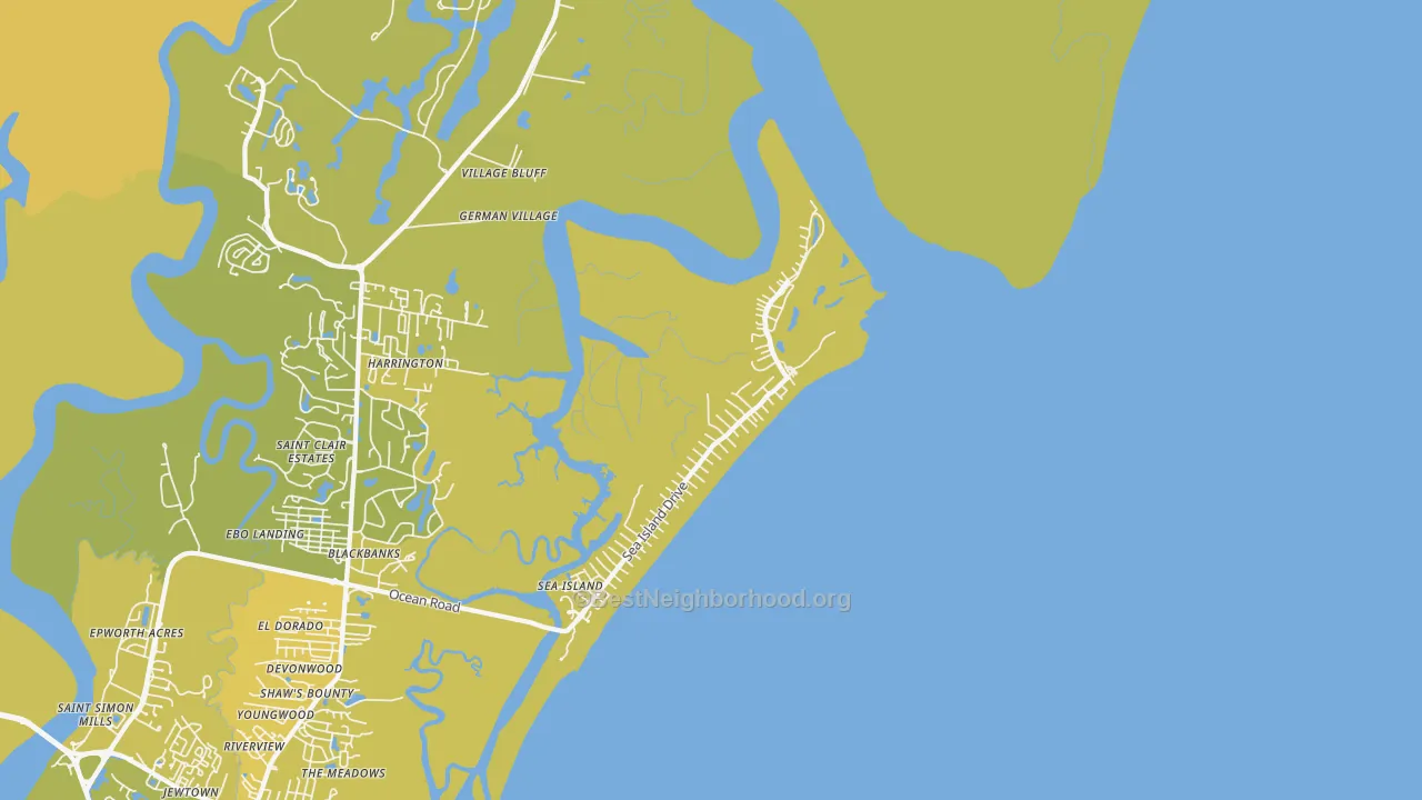 Map of the best neighborhoods in the Sea Island area, with better matches in green and worse matches in red