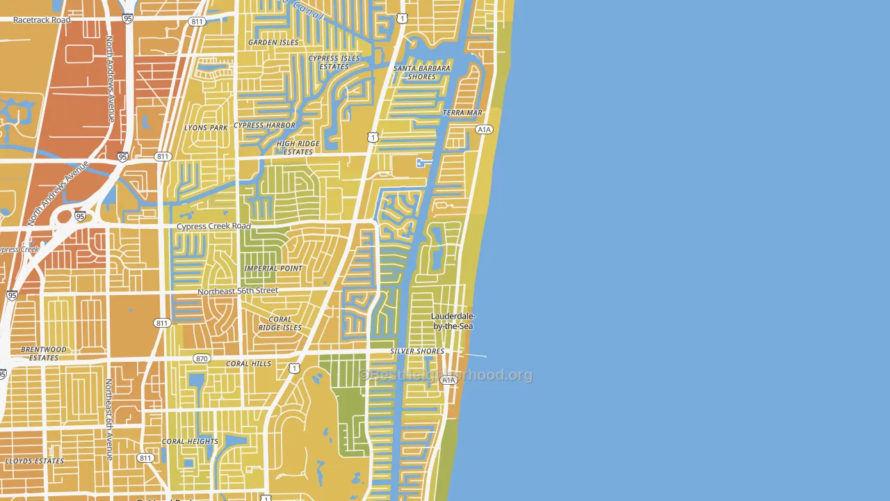 Map of the best neighborhoods in the Sea Ranch Lakes area, with better matches in green and worse matches in red