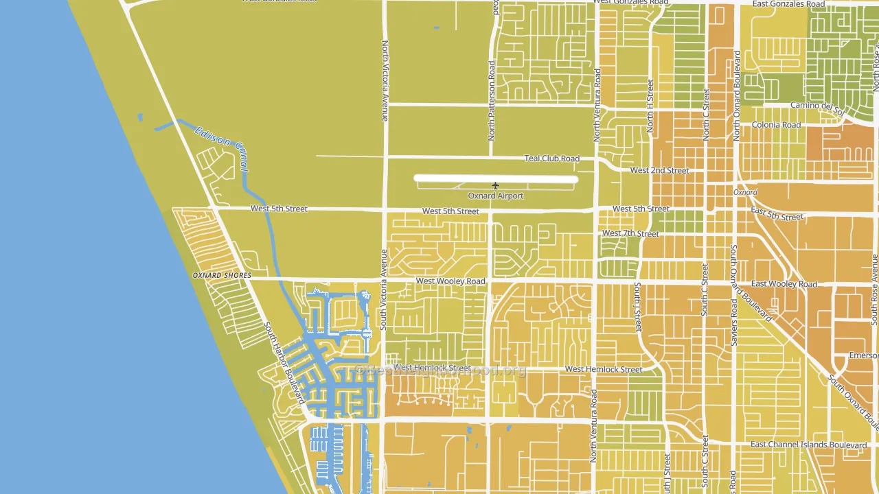 Map of the best neighborhoods in the Sea View Estates, Oxnard area, with better matches in green and worse matches in red