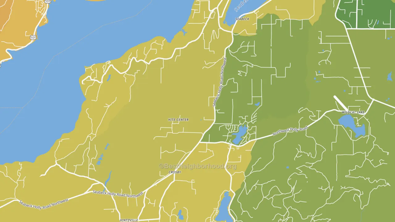 Map of the best neighborhoods in the Seabeck area, with better matches in green and worse matches in red
