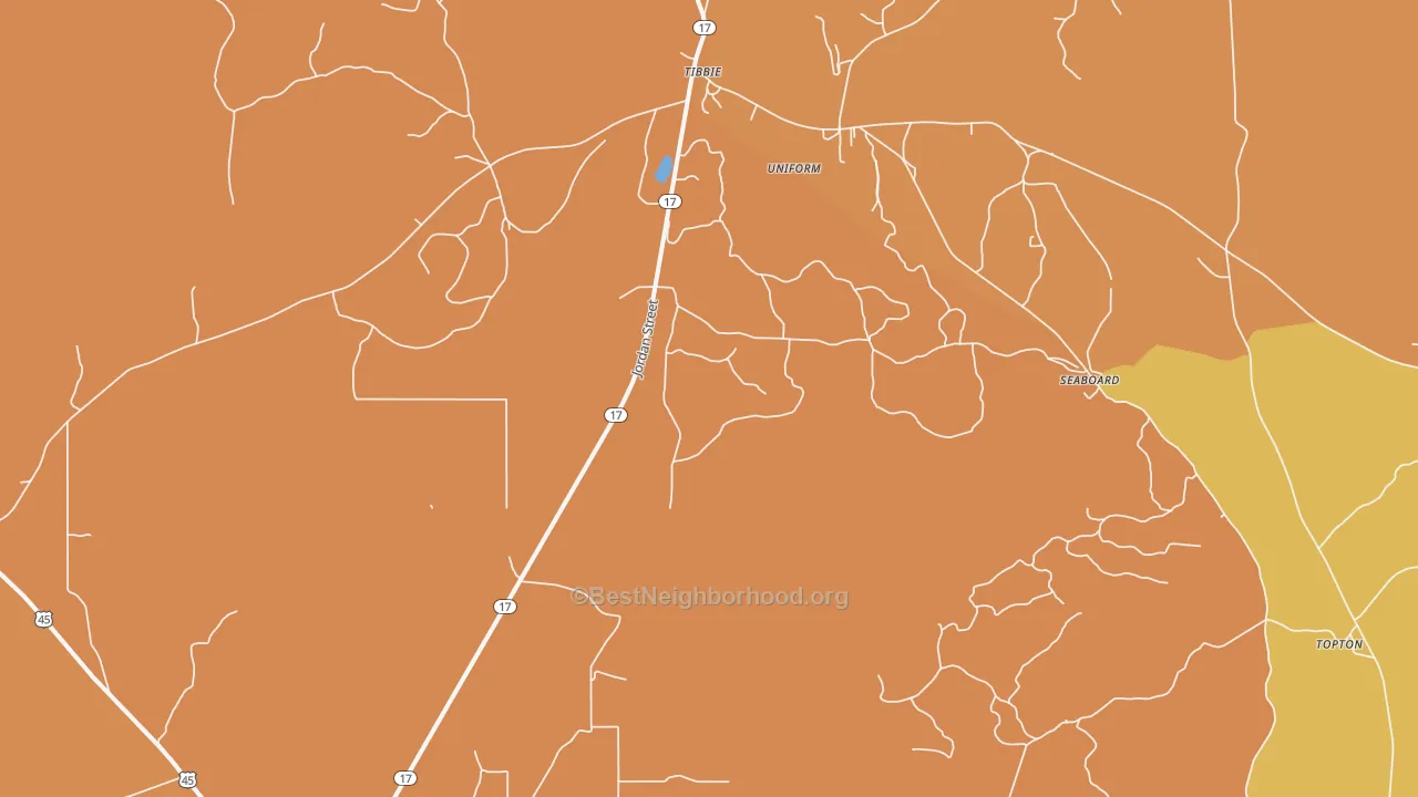 Map of the best neighborhoods in the Seaboard area, with better matches in green and worse matches in red