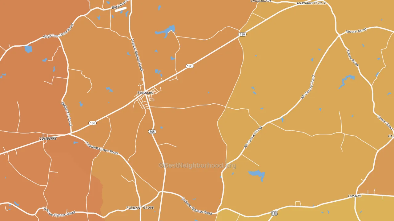 Map of the best neighborhoods in the Seaboard area, with better matches in green and worse matches in red