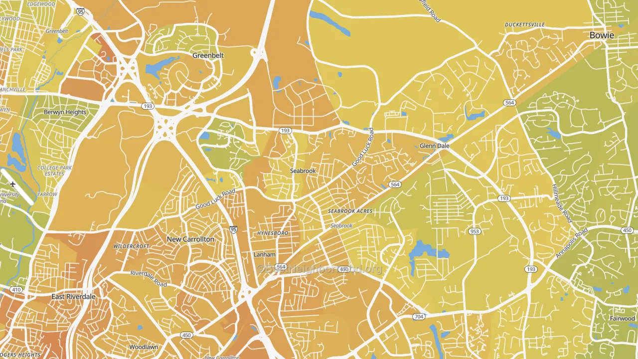 Map of the best neighborhoods in the Seabrook area, with better matches in green and worse matches in red