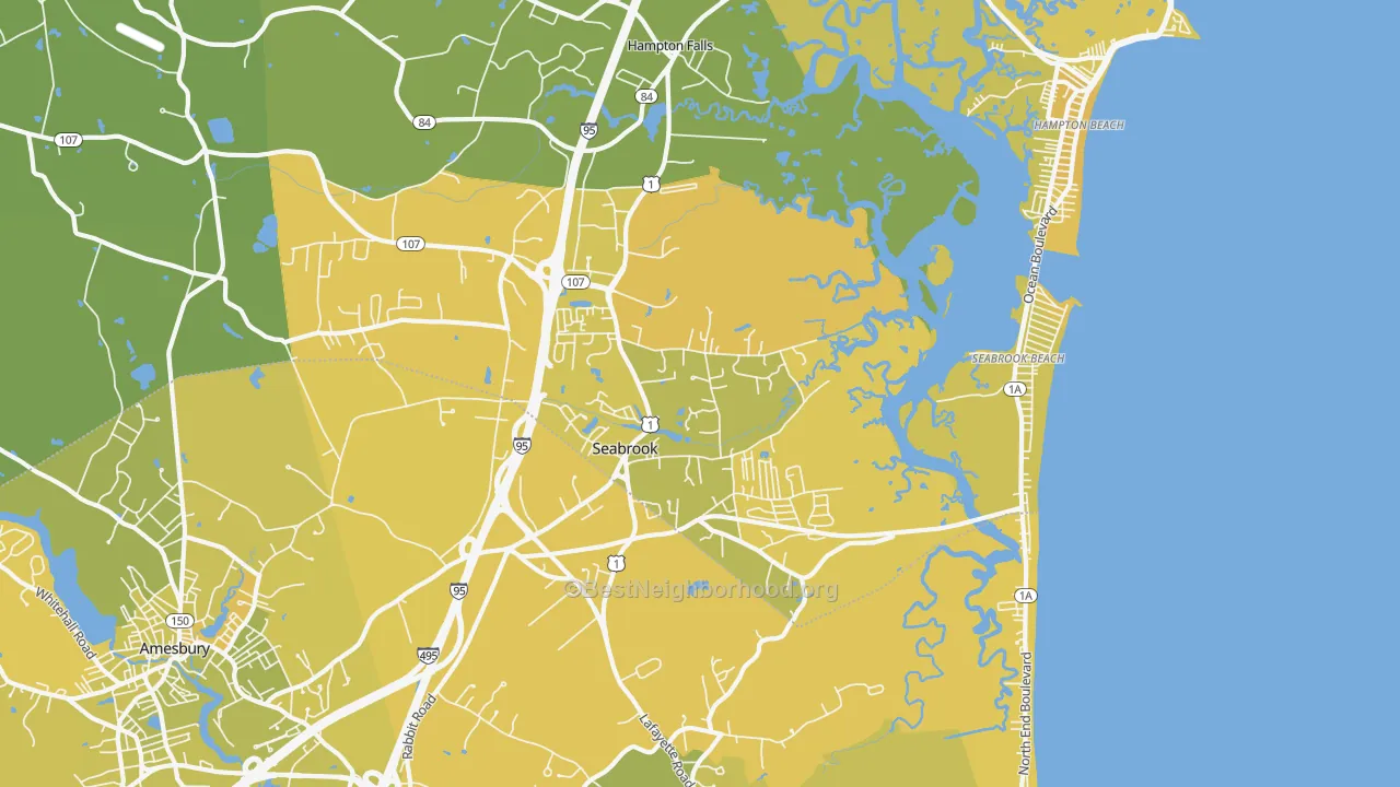 Map of the best neighborhoods in the Seabrook area, with better matches in green and worse matches in red