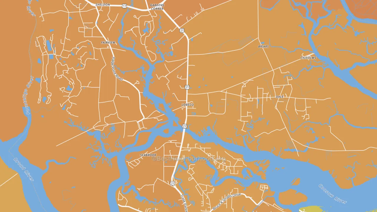 Map of the best neighborhoods in the Seabrook area, with better matches in green and worse matches in red