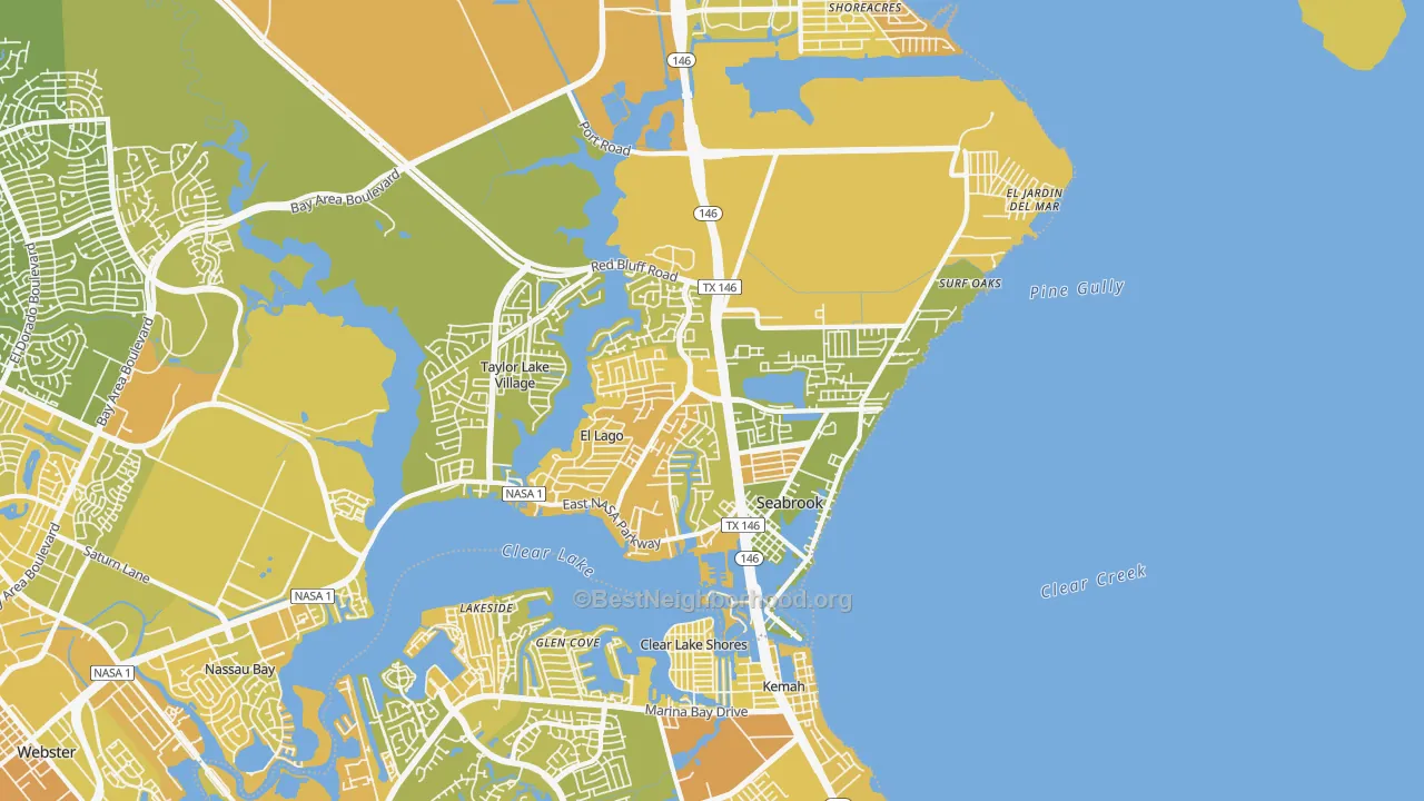 Map of the best neighborhoods in the Seabrook area, with better matches in green and worse matches in red