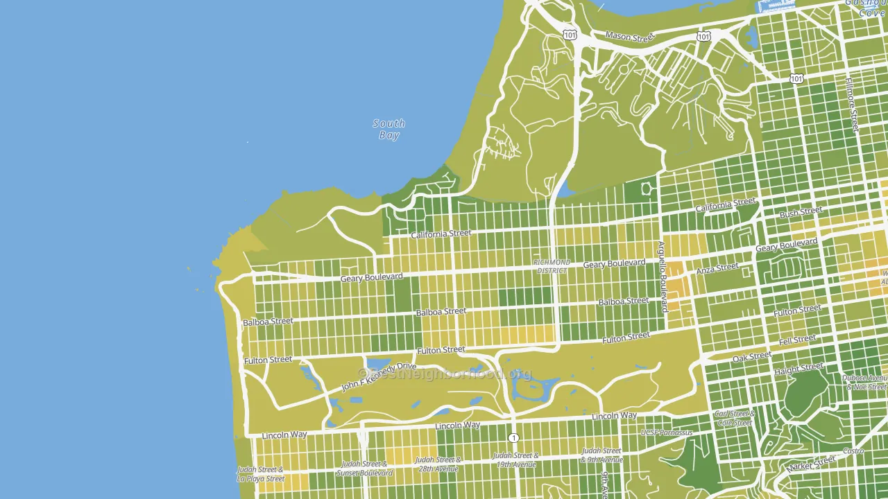 Map of the best neighborhoods in the Seacliff, San Francisco area, with better matches in green and worse matches in red