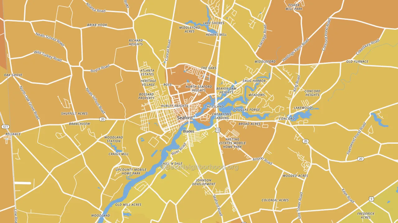 Map of the best neighborhoods in the Seaford area, with better matches in green and worse matches in red