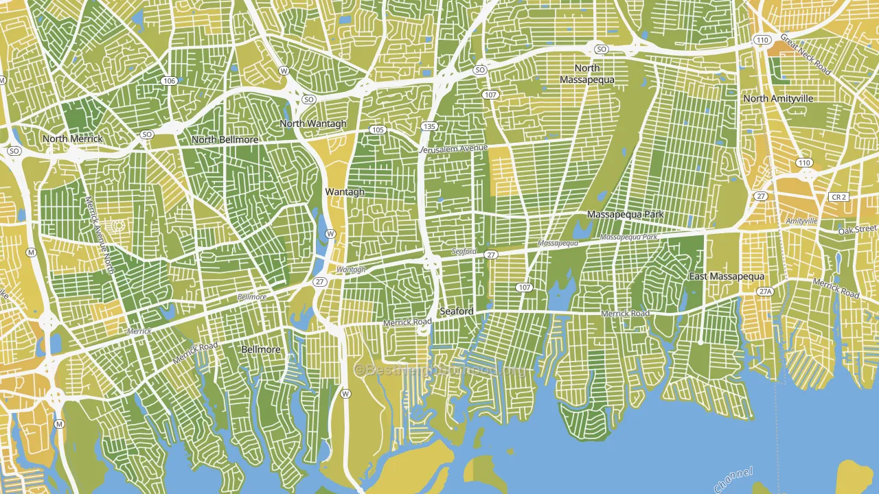 Map of the best neighborhoods in the Seaford area, with better matches in green and worse matches in red