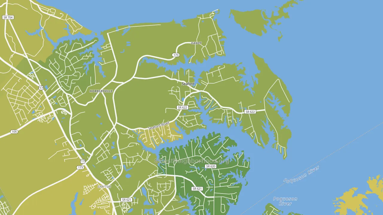 Map of the best neighborhoods in the Seaford area, with better matches in green and worse matches in red