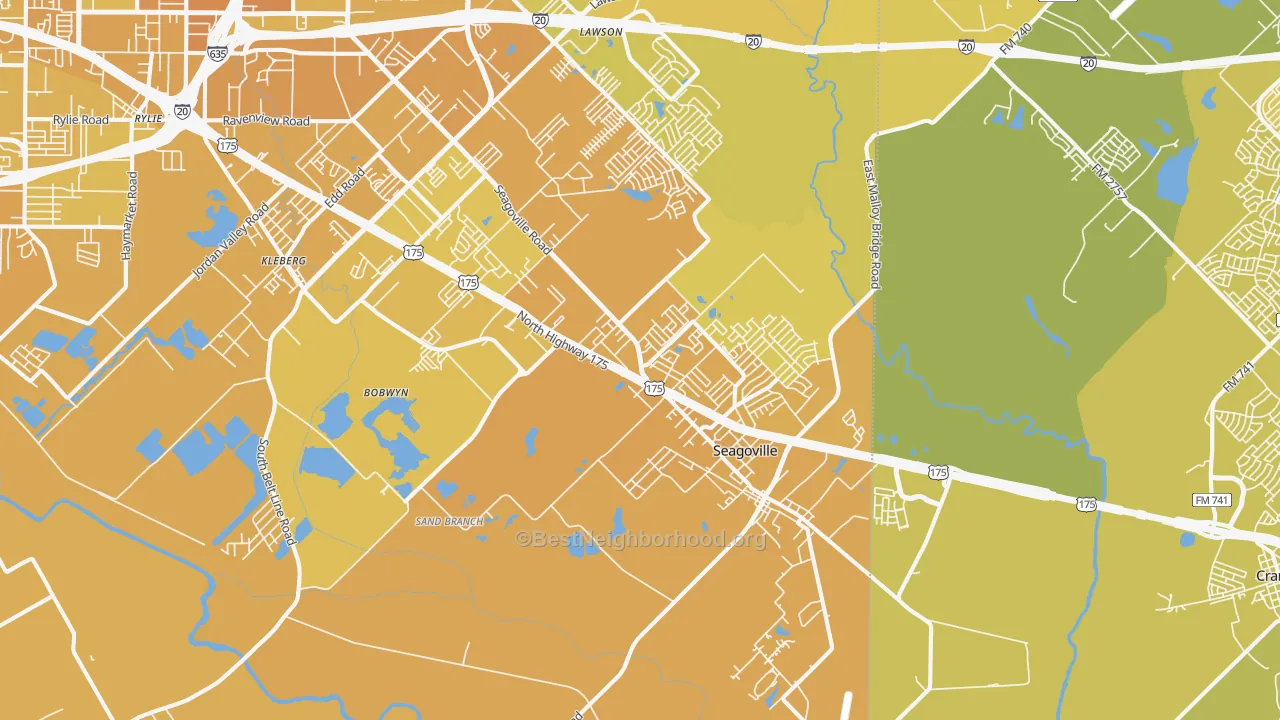 Map of the best neighborhoods in the Seagoville area, with better matches in green and worse matches in red