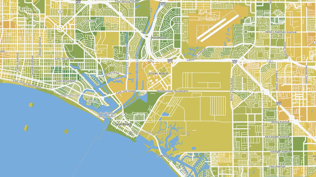 Map of the best neighborhoods in the Seal Beach area, with better matches in green and worse matches in red