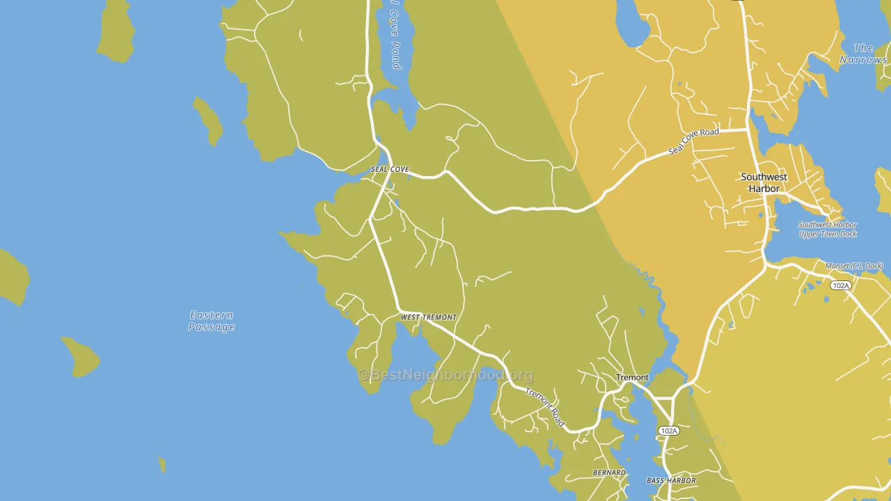 Map of the best neighborhoods in the Seal Cove area, with better matches in green and worse matches in red