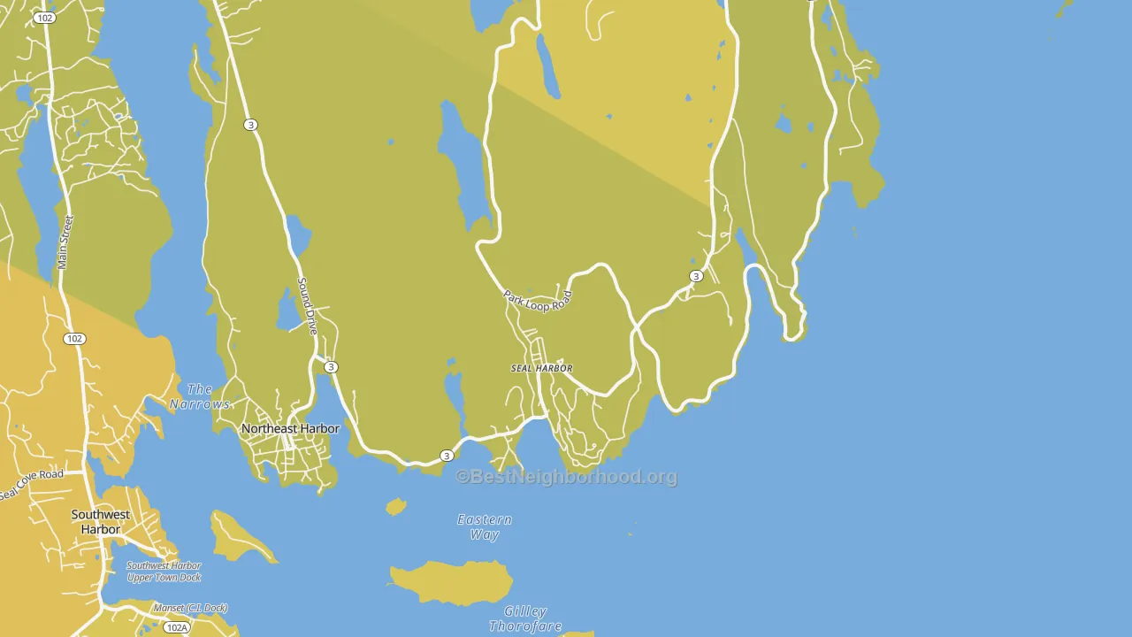 Map of the best neighborhoods in the Seal Harbor area, with better matches in green and worse matches in red