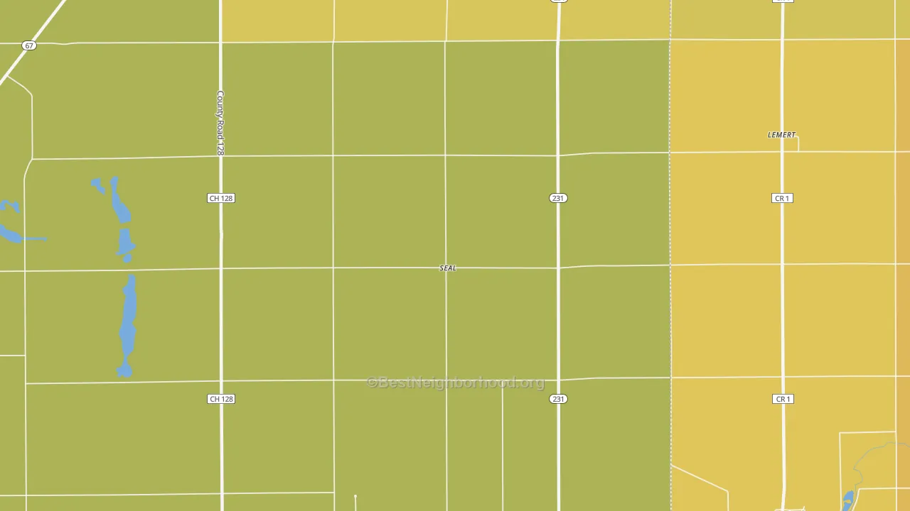 Map of the best neighborhoods in the Seal area, with better matches in green and worse matches in red
