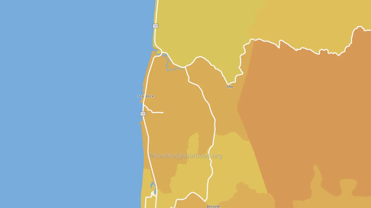 Map of the best neighborhoods in the Seal Rock area, with better matches in green and worse matches in red