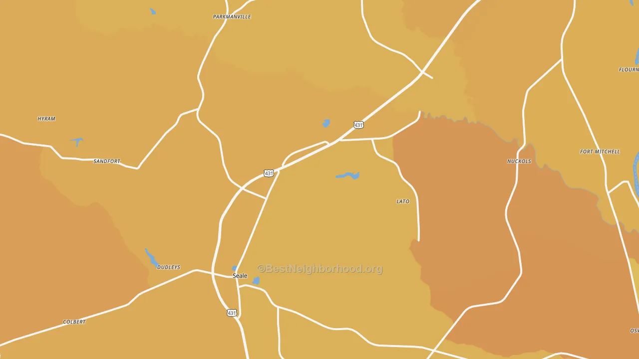 Map of the best neighborhoods in the Seale area, with better matches in green and worse matches in red