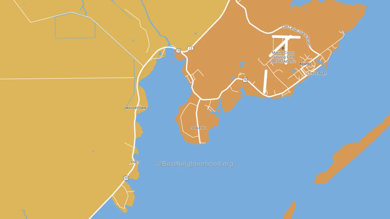 Map of the best neighborhoods in the Sealevel area, with better matches in green and worse matches in red