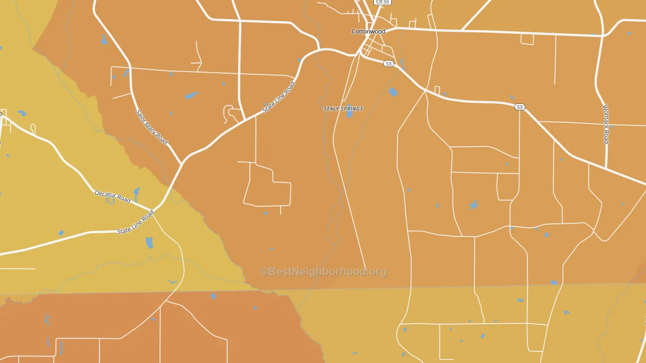 Map of the best neighborhoods in the Sealy Springs area, with better matches in green and worse matches in red