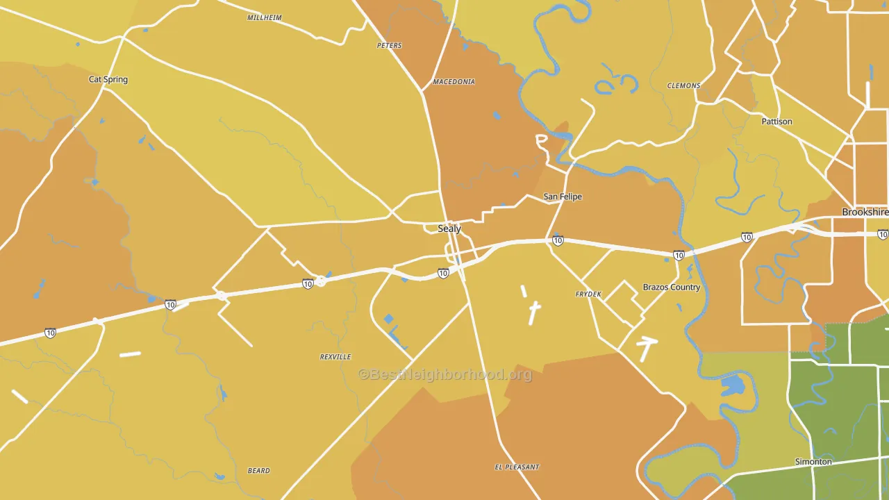 Map of the best neighborhoods in the Sealy area, with better matches in green and worse matches in red