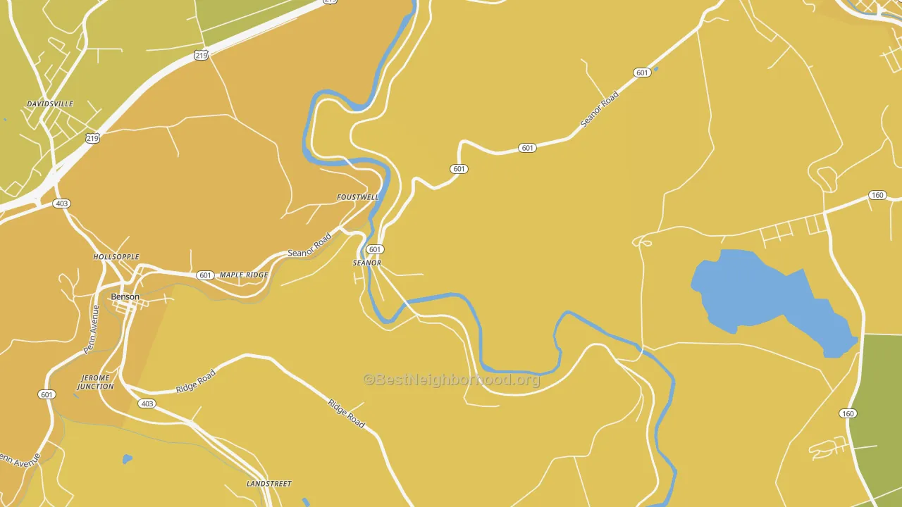 Map of the best neighborhoods in the Seanor area, with better matches in green and worse matches in red