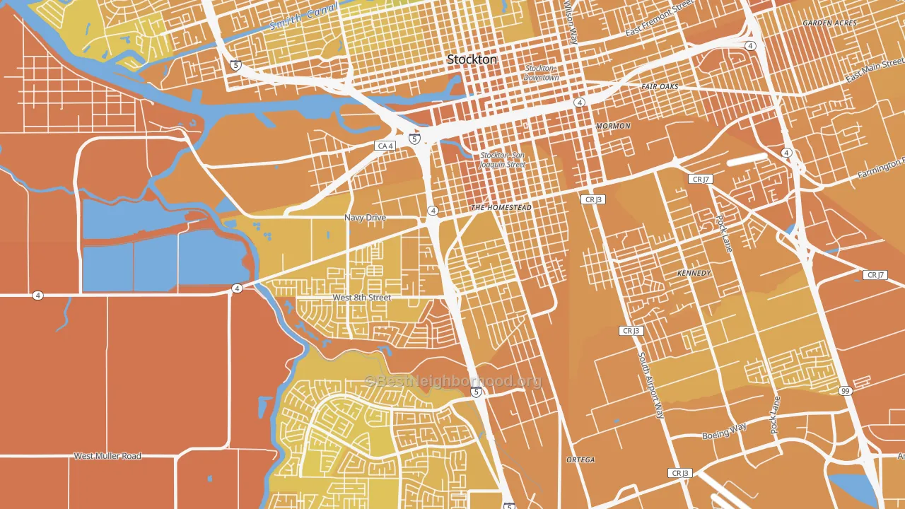 Map of the best neighborhoods in the Seaport, Stockton area, with better matches in green and worse matches in red