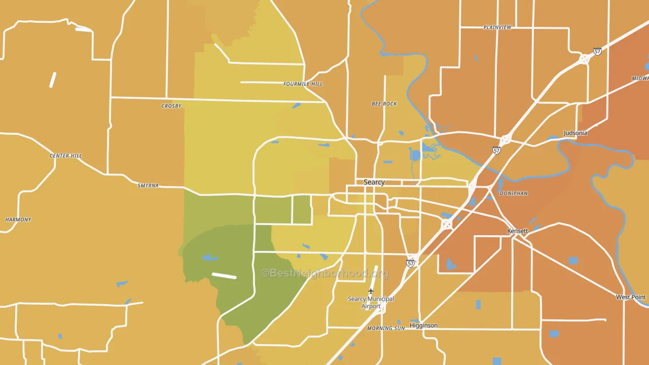 Map of the best neighborhoods in the Searcy area, with better matches in green and worse matches in red