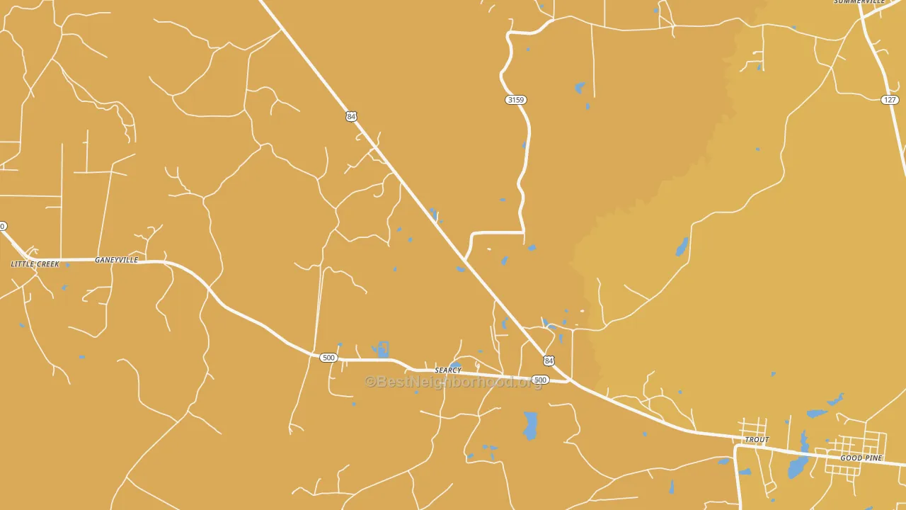 Map of the best neighborhoods in the Searcy area, with better matches in green and worse matches in red