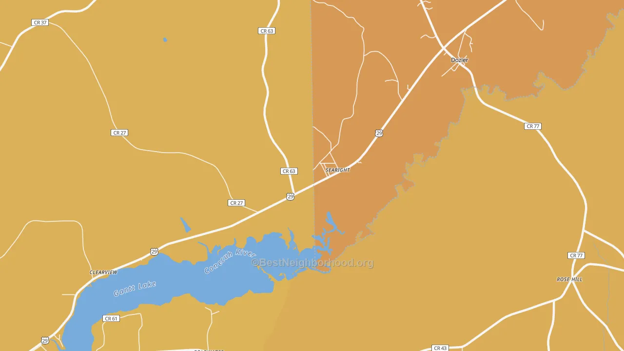 Map of the best neighborhoods in the Searight area, with better matches in green and worse matches in red