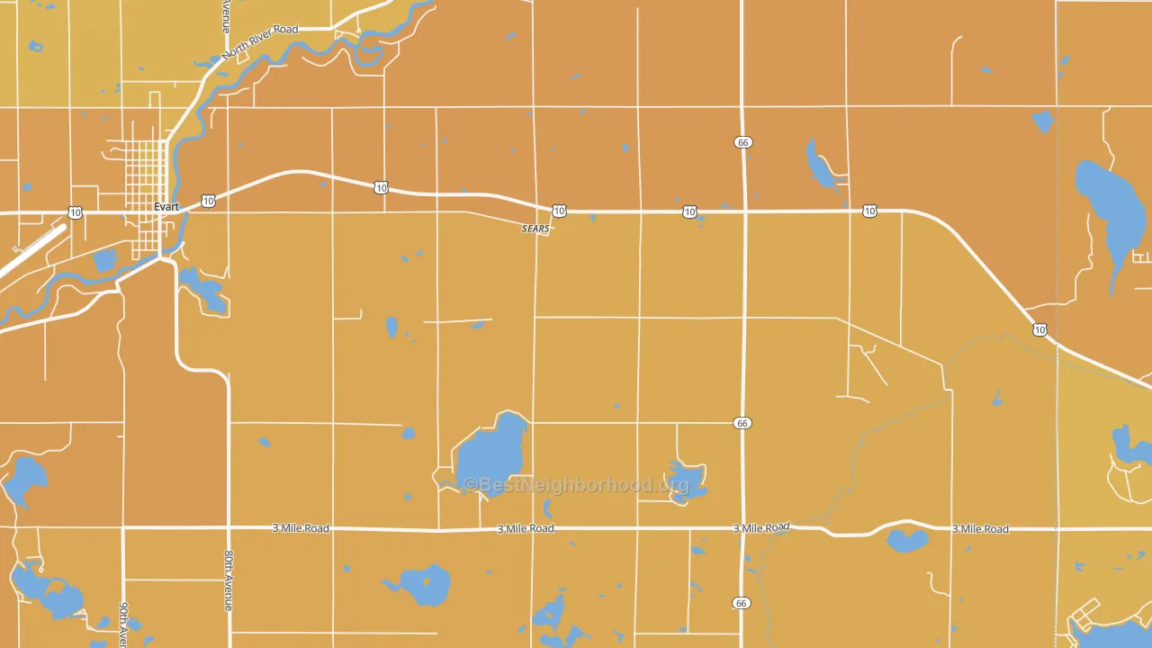 Map of the best neighborhoods in the Sears area, with better matches in green and worse matches in red