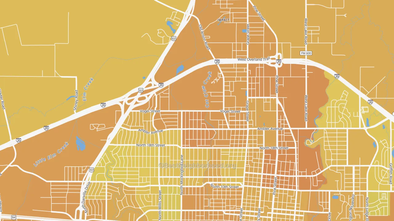 Map of the best neighborhoods in the Sears Park Area, Abilene area, with better matches in green and worse matches in red