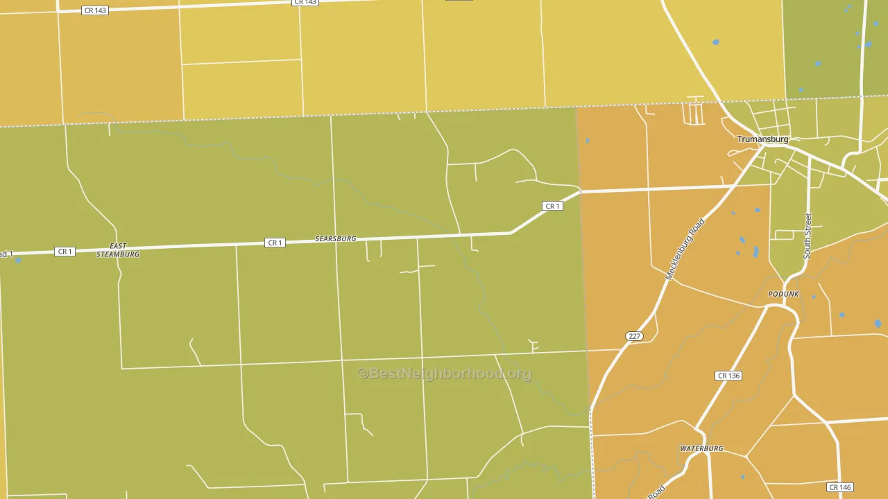 Map of the best neighborhoods in the Searsburg area, with better matches in green and worse matches in red