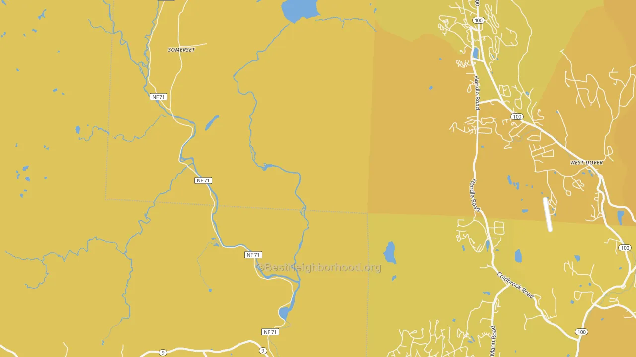 Map of the best neighborhoods in the Searsburg area, with better matches in green and worse matches in red