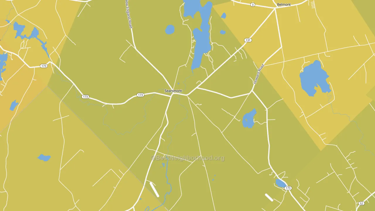 Map of the best neighborhoods in the Searsmont area, with better matches in green and worse matches in red