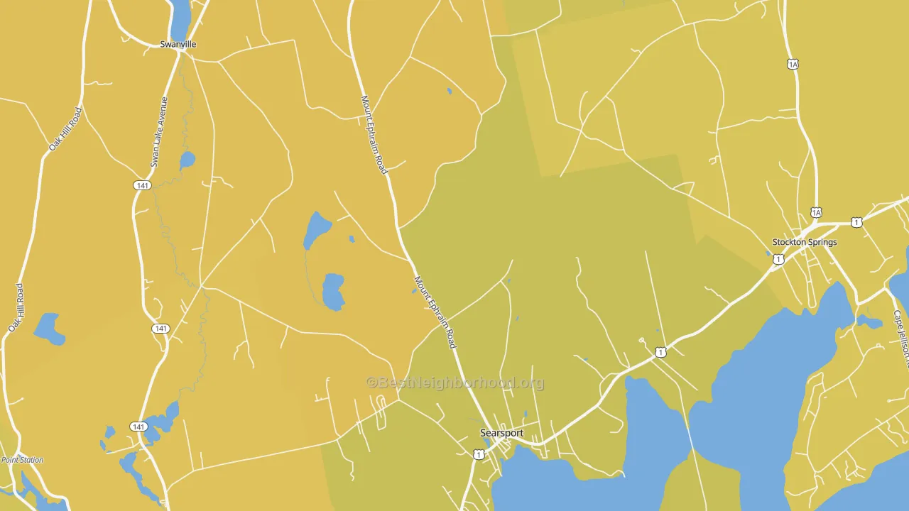 Map of the best neighborhoods in the Searsport area, with better matches in green and worse matches in red