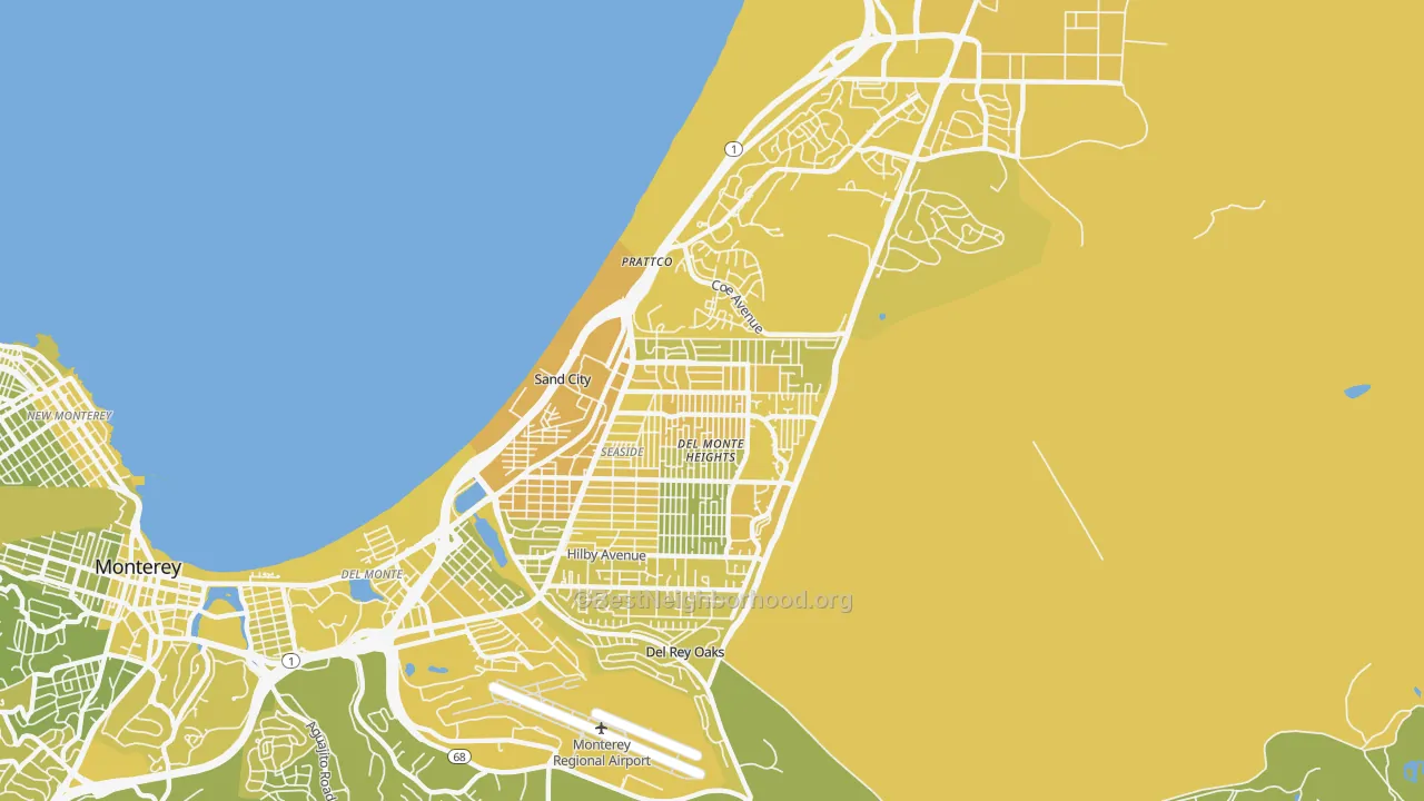 Map of the best neighborhoods in the Seaside area, with better matches in green and worse matches in red