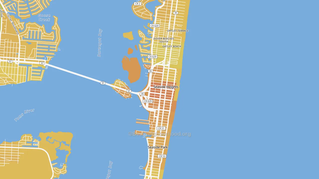 Map of the best neighborhoods in the Seaside Heights area, with better matches in green and worse matches in red