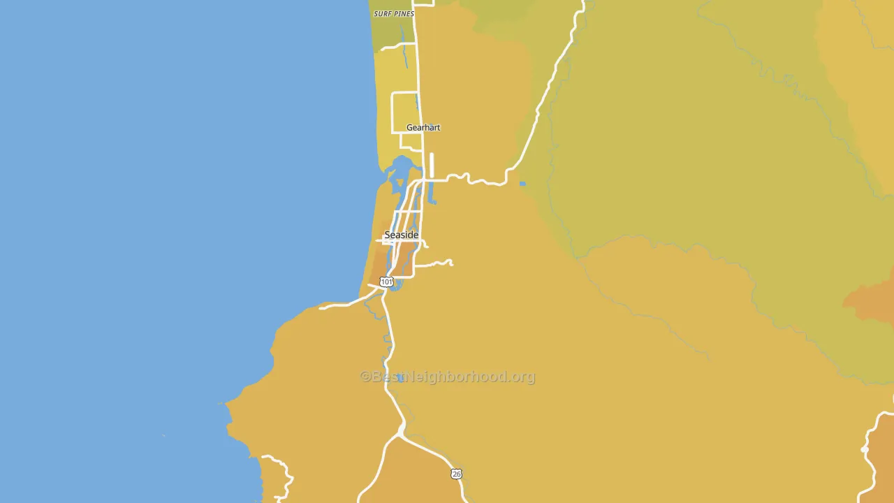 Map of the best neighborhoods in the Seaside area, with better matches in green and worse matches in red