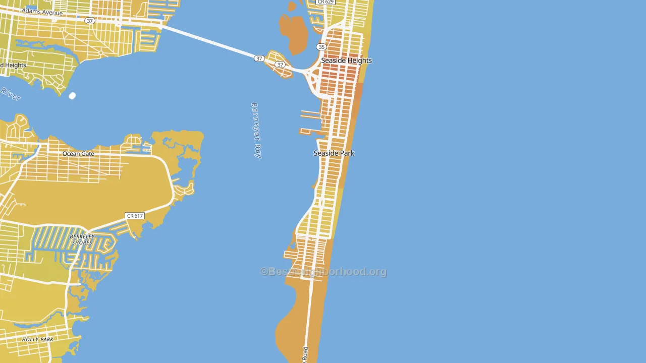 Map of the best neighborhoods in the Seaside Park area, with better matches in green and worse matches in red
