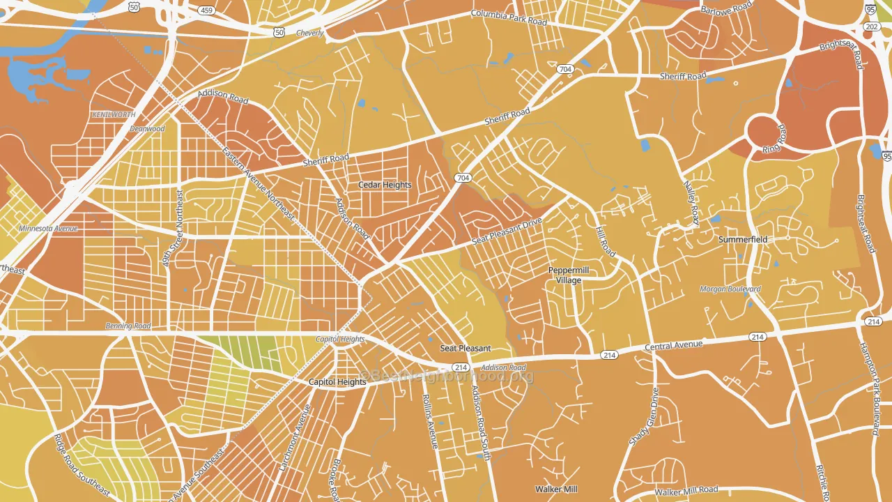 Map of the best neighborhoods in the Seat Pleasant area, with better matches in green and worse matches in red